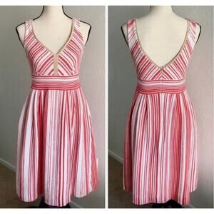 Anthropologie V-neck Dress Red and White Striped, Size 6